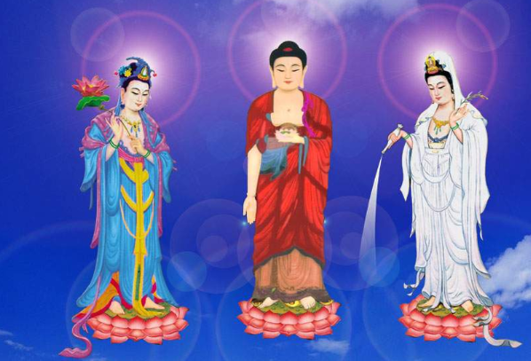 西方三圣佛是哪三位：大势至菩萨、阿弥陀佛、观世音菩萨